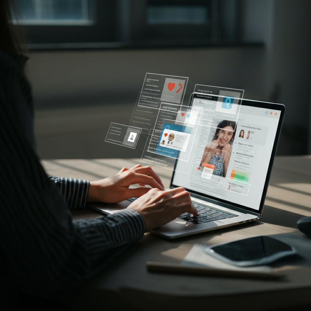 A person working on a laptop, simultaneously managing several social media accounts on different tabs. The lighting is soft and professional. The person's hands are visible, interacting with the keyboard and mouse.