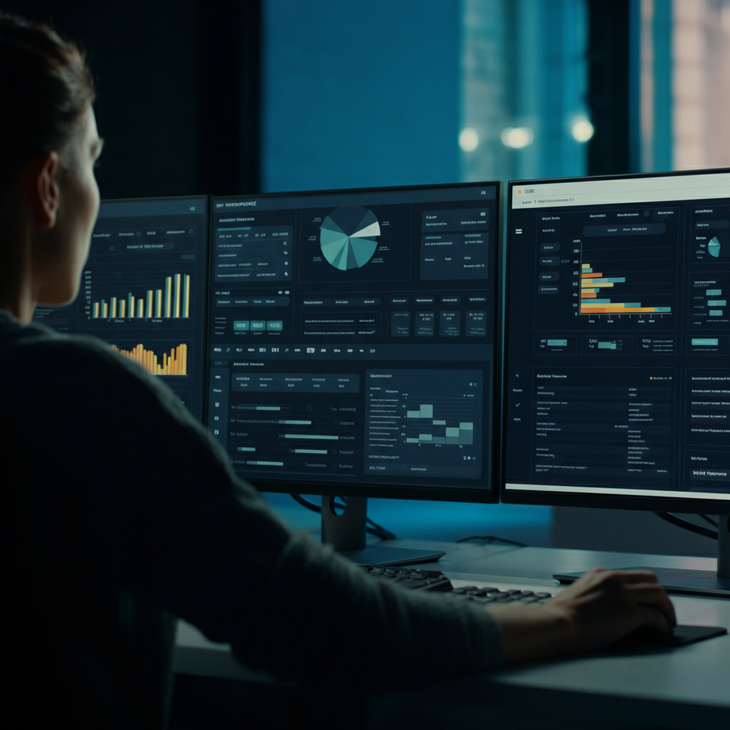 A person in a modern office looking at data analytics dashboards on multiple monitors. The dashboards display charts and graphs related to website traffic and user engagement. The monitors are backlit, providing a cool and professional ambiance.