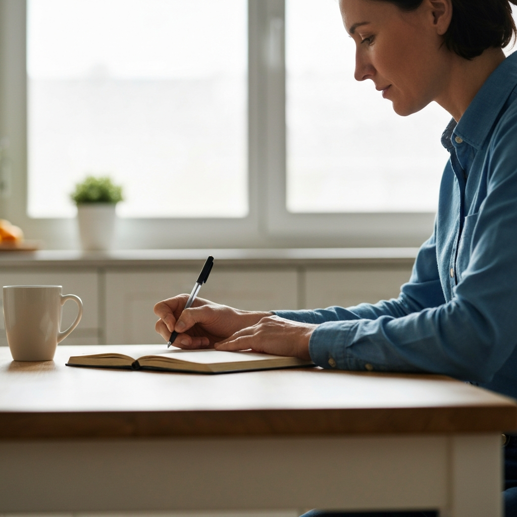A parent sitting at a kitchen table in soft morning light, writing in a journal. A coffee mug sits beside them. The scene features a shallow depth of field, blurring the background, which suggests a bright, clean kitchen.