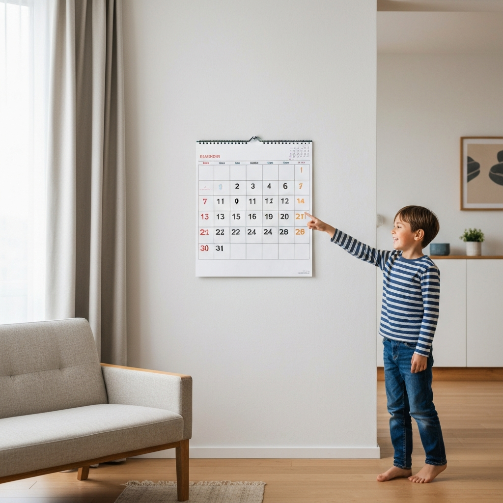 A colorful family calendar hanging on a wall in a warmly lit living room. A child is pointing at the calendar with a smile. The room is tidy and inviting, with soft textures.