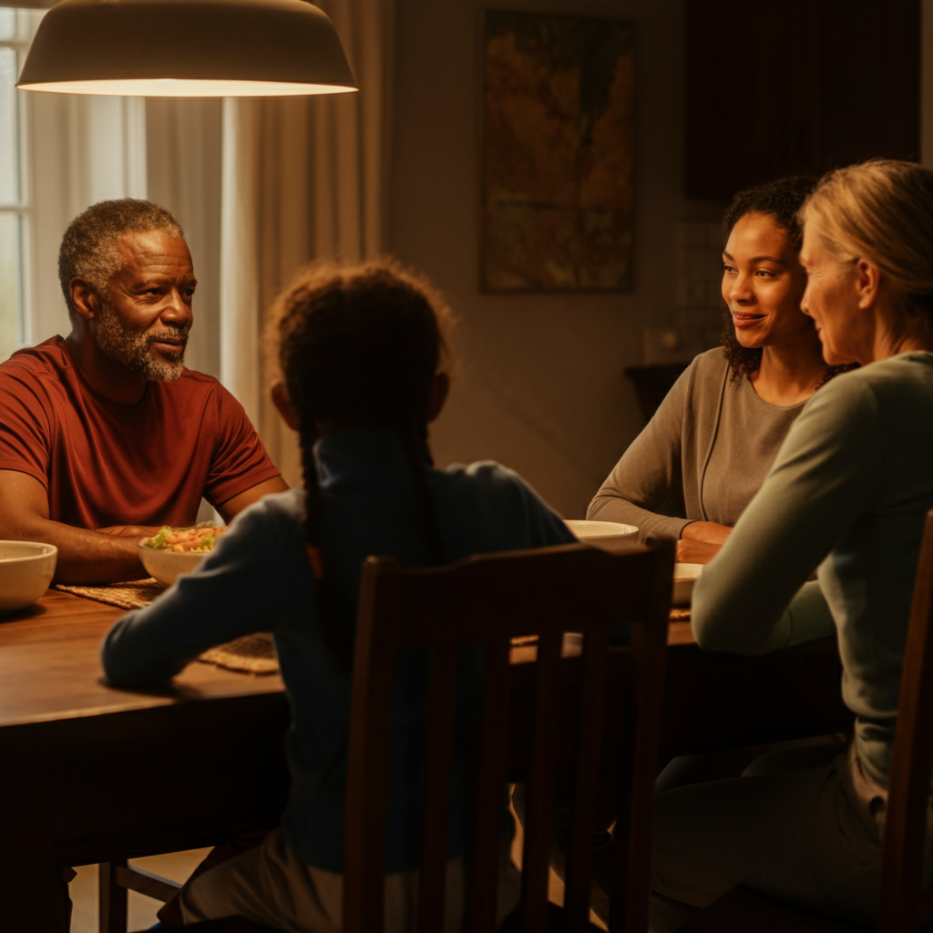A family of four sitting around a dining table, engaged in conversation. They are making eye contact and smiling. The light is soft and natural, casting warm shadows.