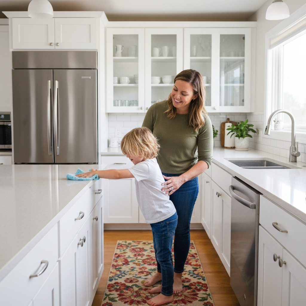 A child wiping down a kitchen counter with a cleaning cloth. A parent is standing nearby, offering guidance. The kitchen is bright and well-organized.