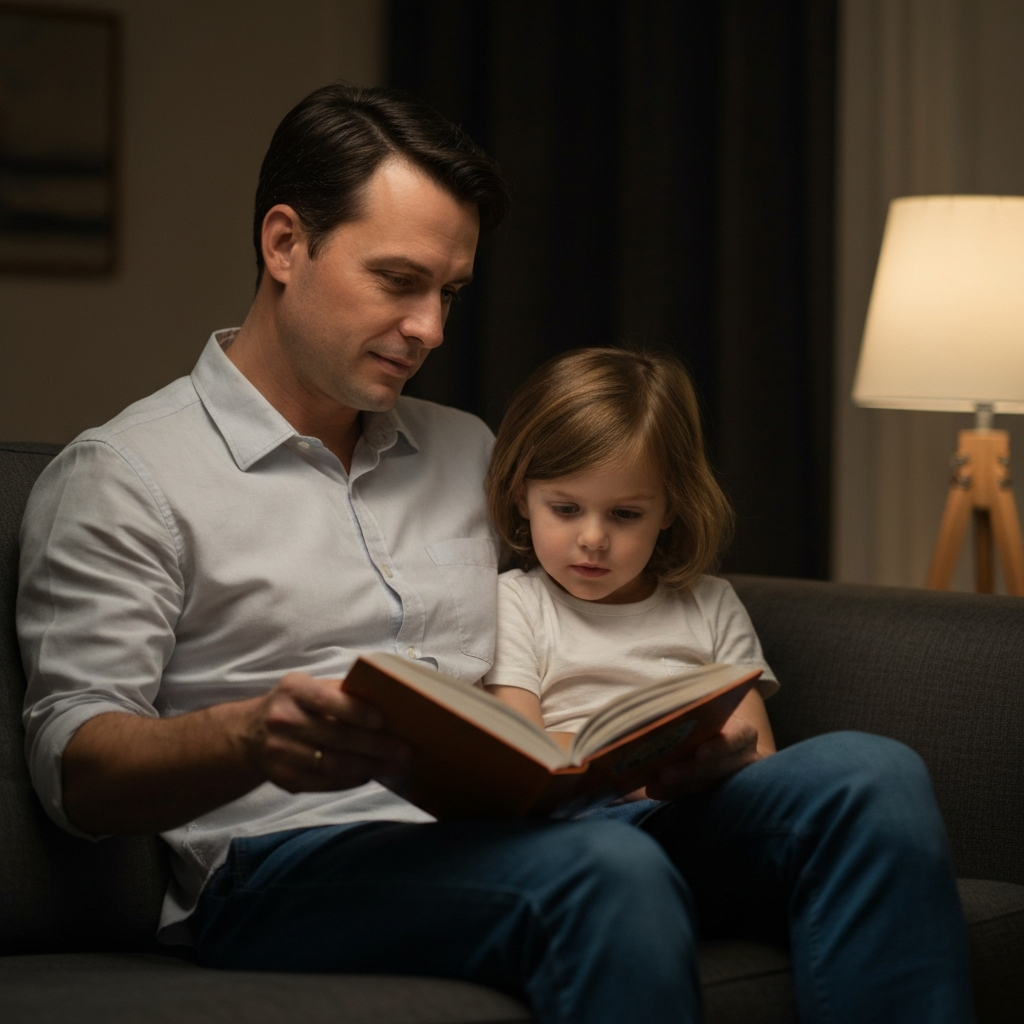 A parent and child sitting on a couch, reading a book together. Soft light is coming from a nearby lamp, illuminating their faces. The scene conveys warmth and intimacy.