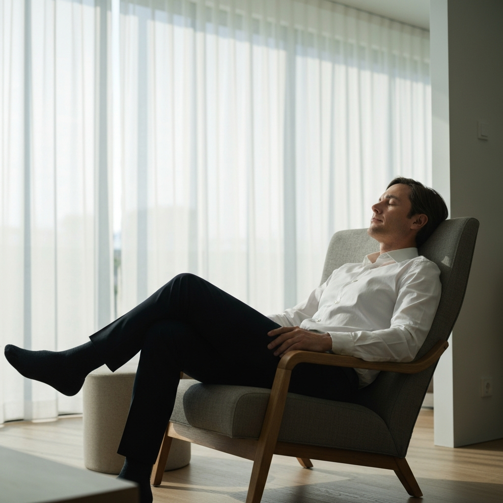 A parent sitting in a comfortable chair, eyes closed, taking a deep breath. The scene is calming and serene, with soft, diffused lighting.