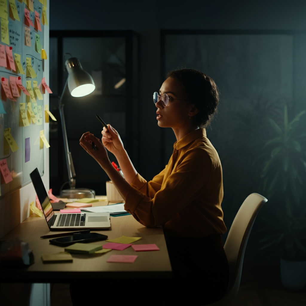 A brightly lit office space. A woman with glasses is seated at a desk, surrounded by sticky notes covering a whiteboard. She's on a video call, gesturing animatedly with a pen in her hand. Soft bokeh highlights her focused expression and the organized chaos around her.
