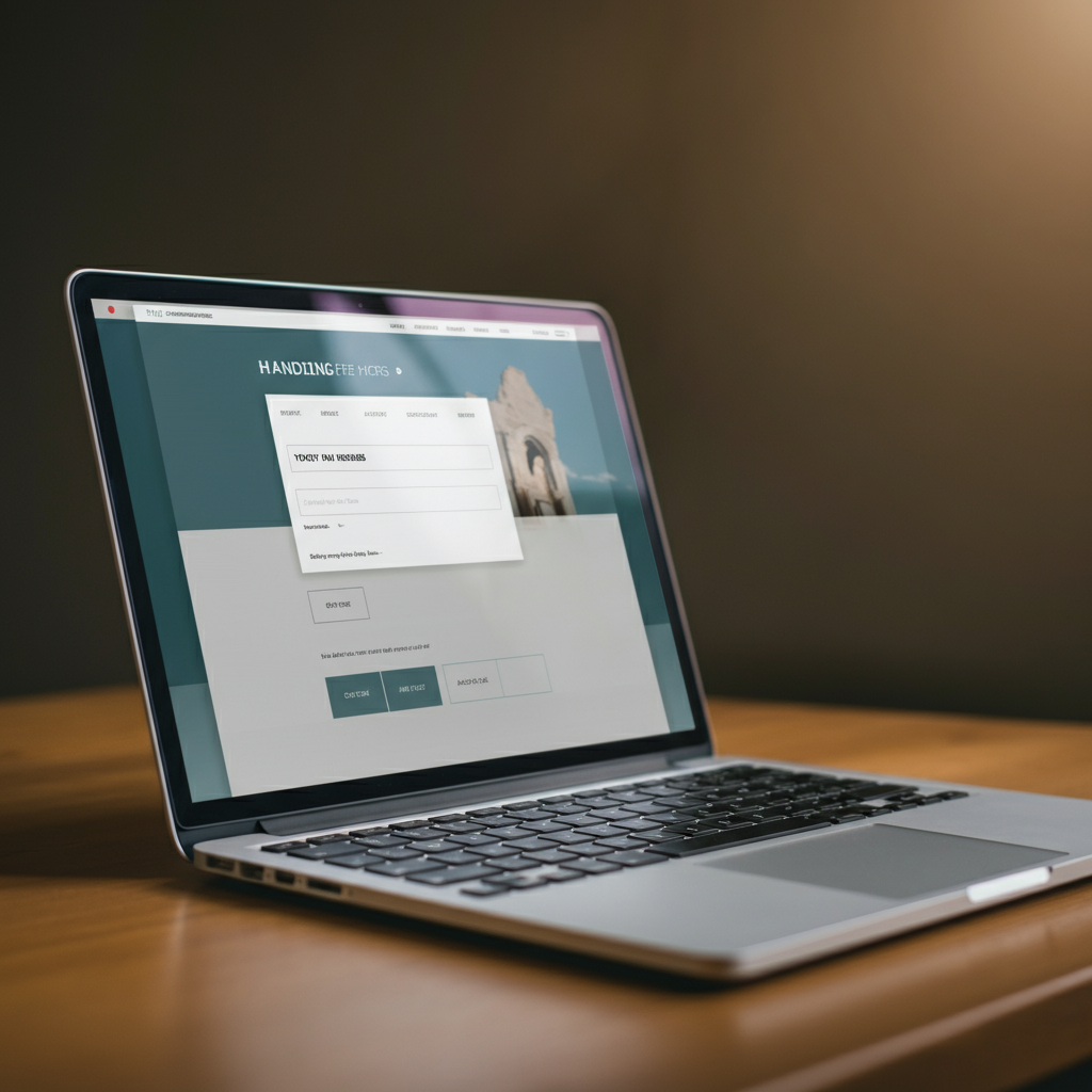 A laptop resting on a wooden desk. The screen displays a simple, clean landing page with a compelling headline and a form to collect email addresses. Natural side lighting highlights the keyboard and the texture of the wood grain.