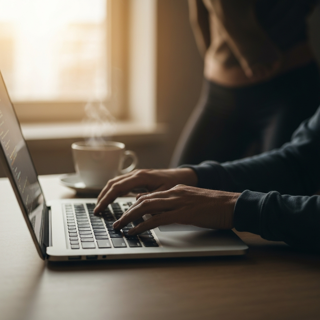 Hands typing code on a laptop in a dimly lit room, the screen's light illuminating the keyboard. A cup of coffee sits nearby, suggesting a long working session. The focus is on the hands and the screen, conveying focused effort.