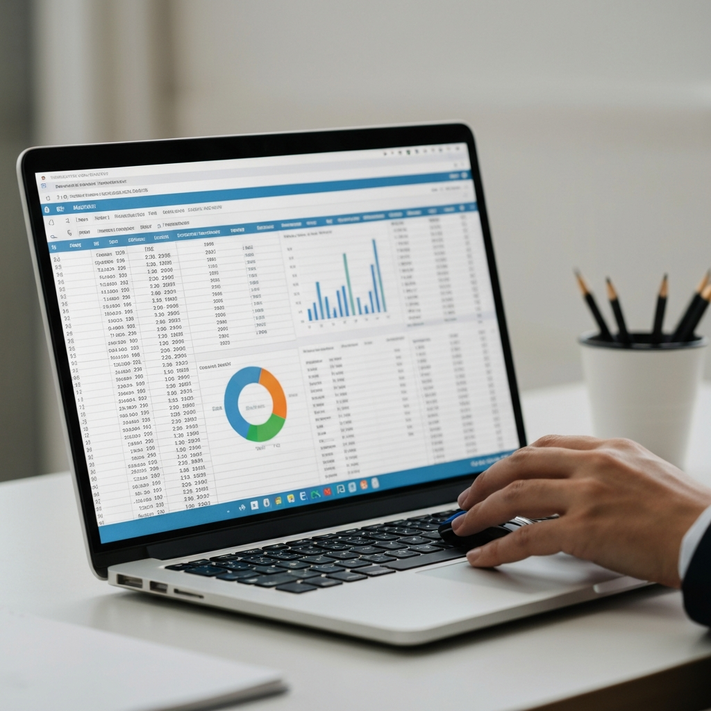 A spreadsheet on a laptop screen displaying financial data and charts. A hand is hovering over a mouse, suggesting data analysis. The scene is well-lit and organized, conveying professionalism and attention to detail.