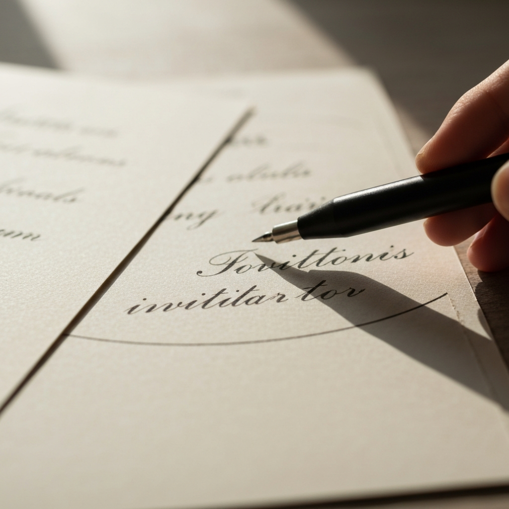 A close-up of elegant handwritten invitations on thick, textured paper. Soft, diffused daylight illuminates the scene, highlighting the calligraphy and paper grain.