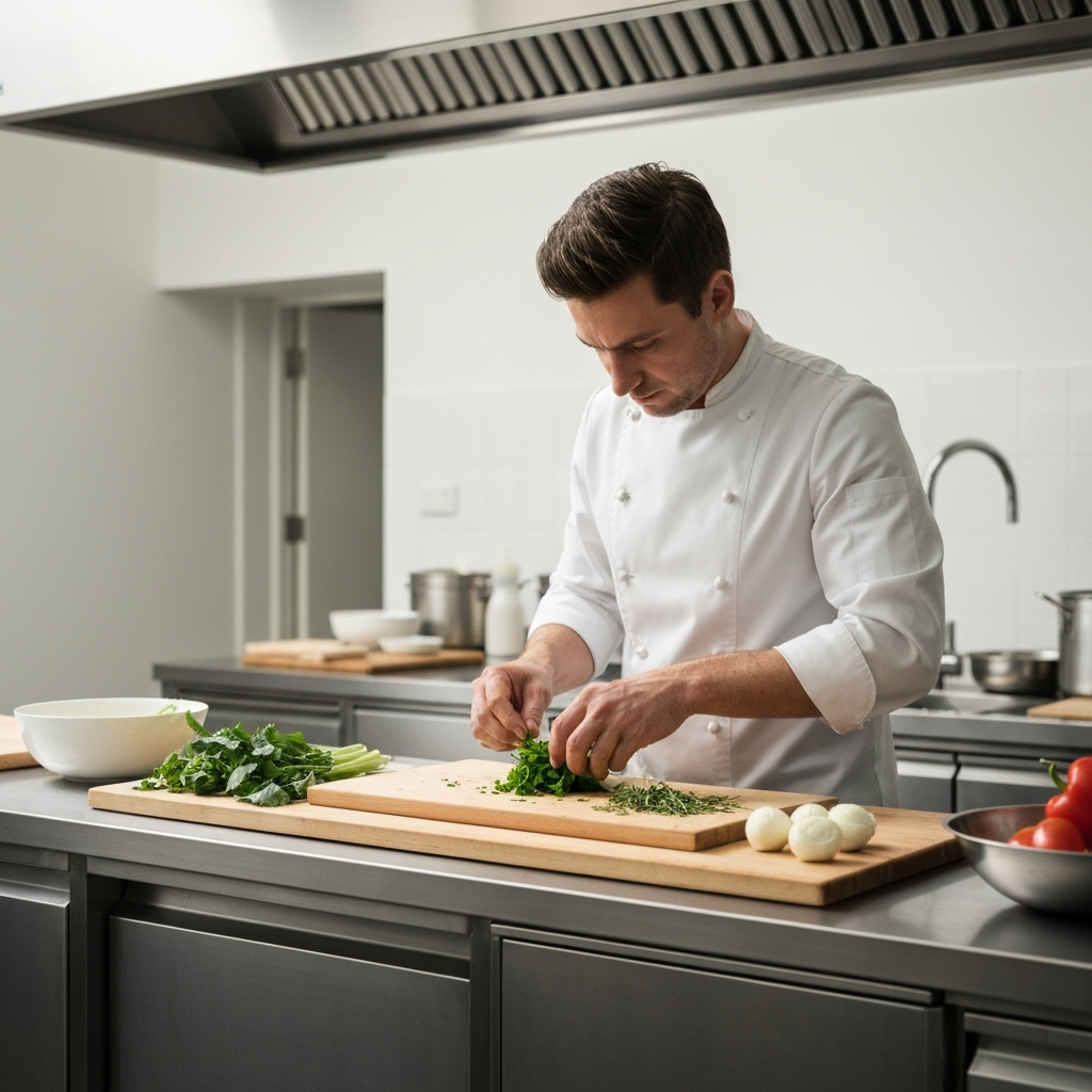 A chef's hands meticulously arranging fresh ingredients (colorful vegetables, herbs) on a wooden cutting board in a brightly lit, stainless-steel kitchen. Focus is on the textures and colors of the food.