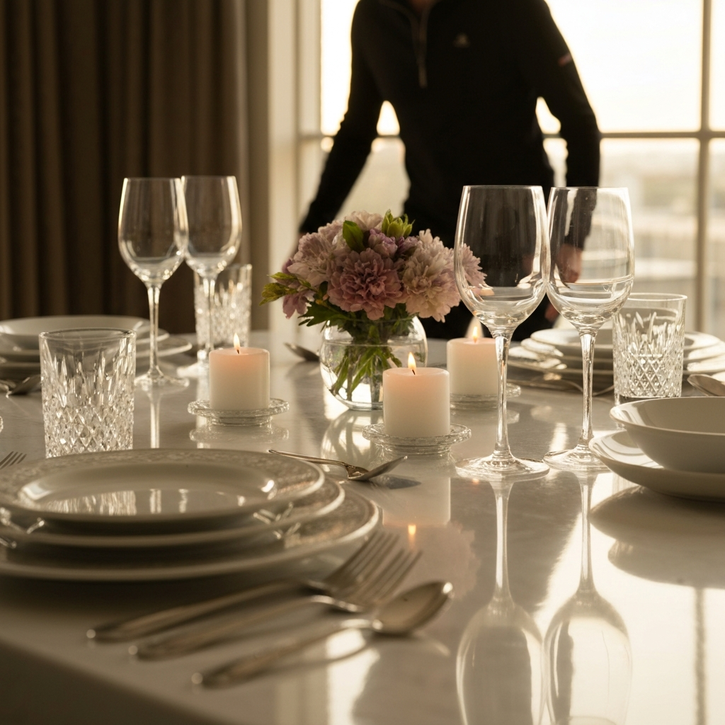 A beautifully set dining table with fine china, crystal glasses, and polished silverware. Soft candlelight reflects off the surfaces. A simple, elegant floral arrangement serves as a centerpiece. Focus on the arrangement and reflective surfaces.