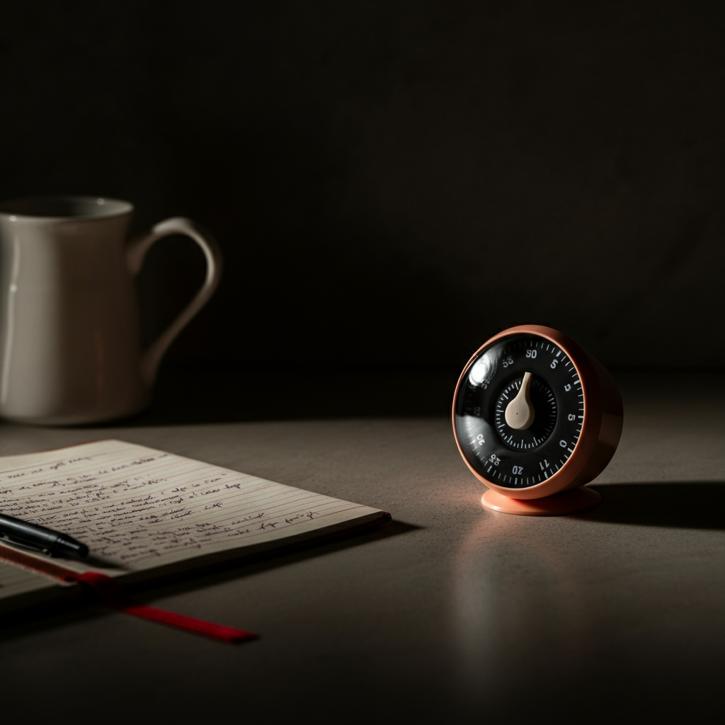 A kitchen timer on a counter next to recipe books with handwritten notes. Side-lit view showing organized recipe cards and the details of the timer face.