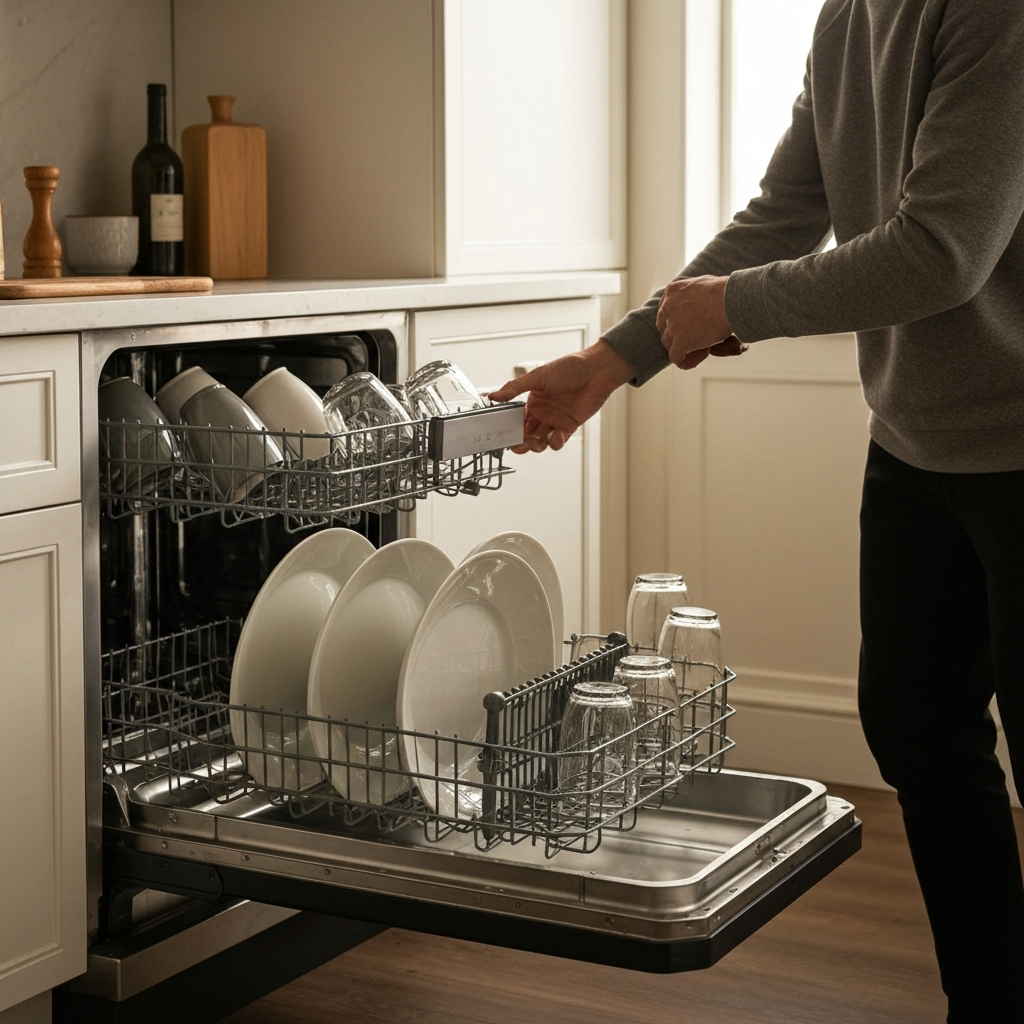 A well-organized dishwasher being loaded with plates and glasses after a dinner party. Soft, diffused light illuminates the scene.