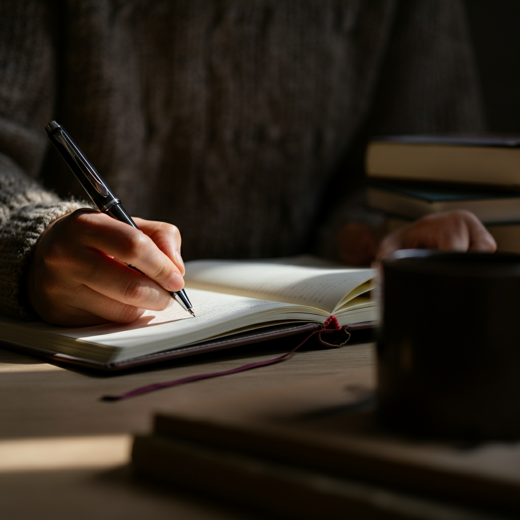 Close up of a person writing in a journal with a pen, soft natural light coming from a nearby window, focus on the pen and page, slight bokeh on the background items like a coffee mug and books. The person is wearing a simple sweater and has a thoughtful expression.