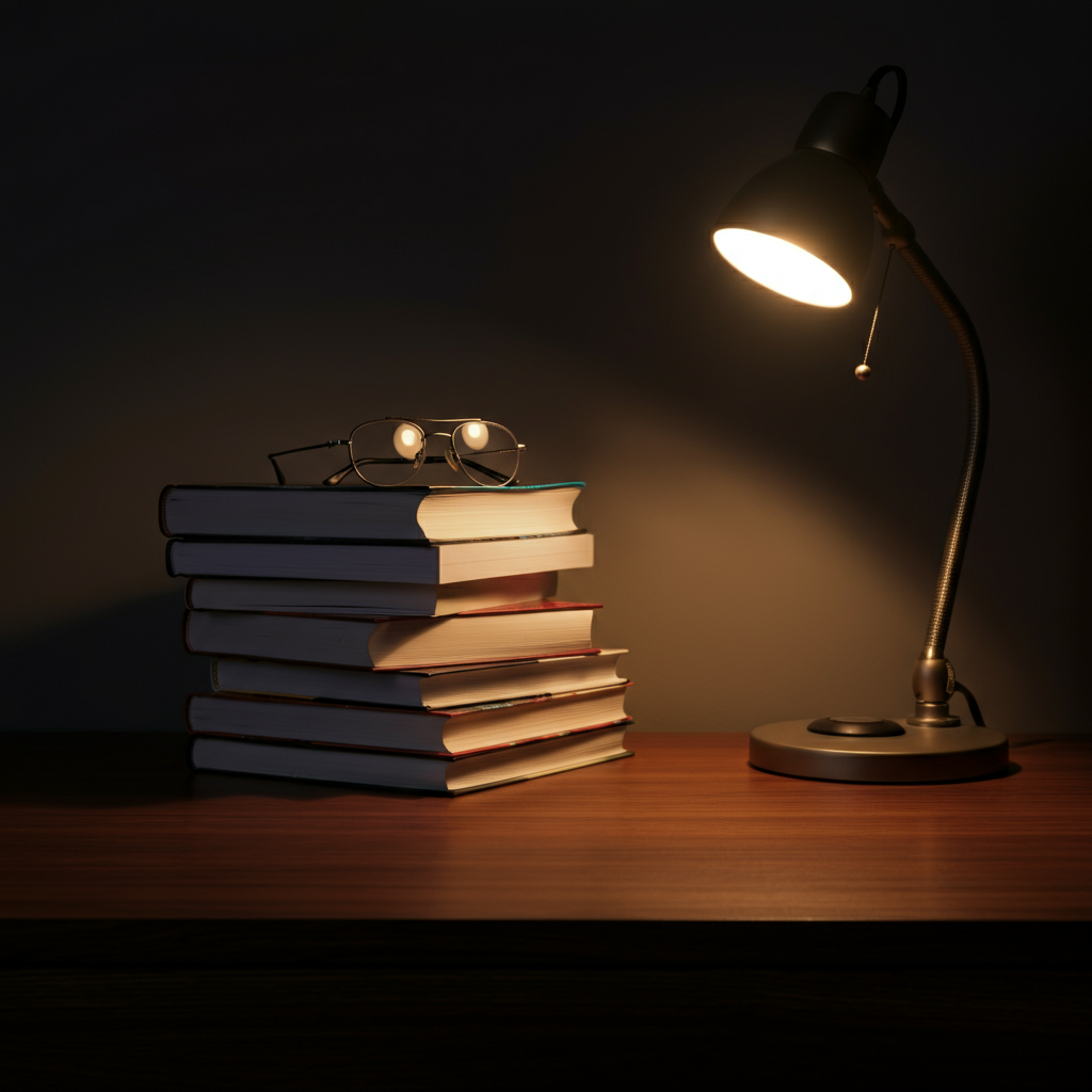 Several books about video game analysis are stacked neatly on a wooden desk, side-lit by a desk lamp. A pair of glasses rests on top of the books. The room has a scholarly and serious atmosphere.
