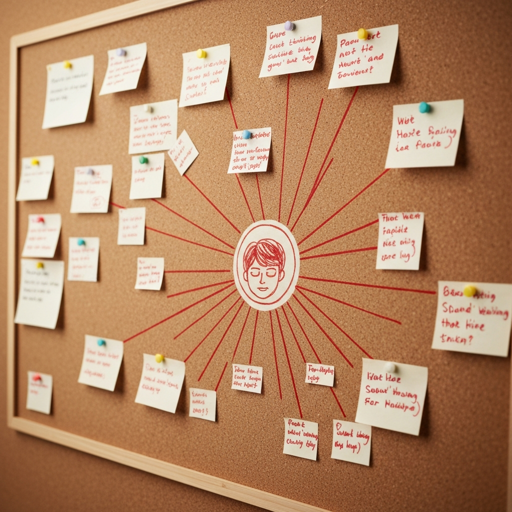 A corkboard with various notes, character sketches, and connection lines drawn in red marker. The lighting is soft and diffused, and the camera focuses on the central cluster of interconnected ideas. The scene is organized and professional.