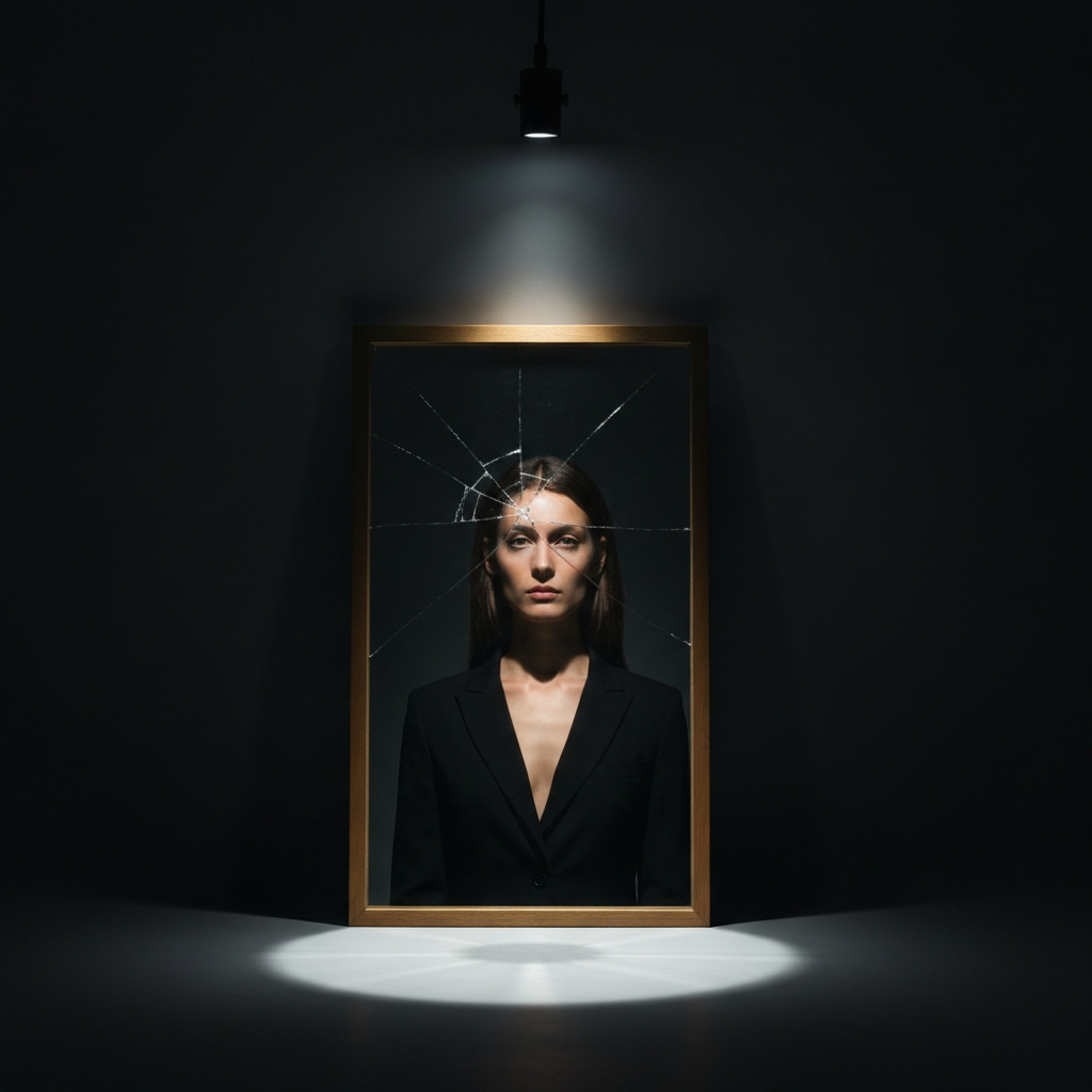A dimly lit room with a single spotlight shining on a cracked mirror. The mirror reflects a distorted image of a person's face. The atmosphere is introspective and slightly melancholic.