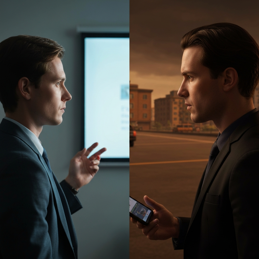 A split-screen image, one side showing a person navigating a stressful situation (e.g., giving a presentation), the other side showing a game scene with similar pressure. The lighting is even and professional, highlighting the parallels.