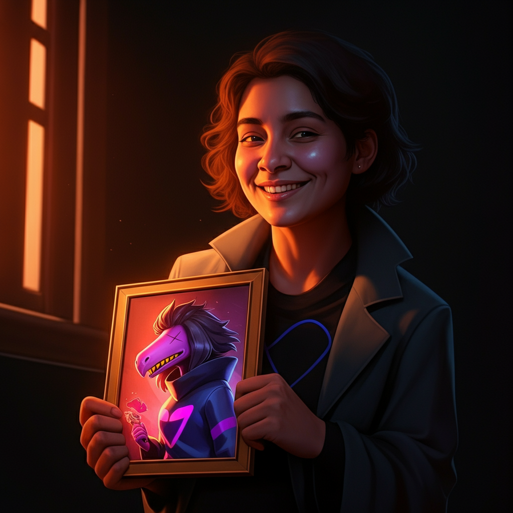 A person smiling genuinely, holding a framed picture of a Deltarune character. The lighting is warm and inviting, and the scene conveys a sense of contentment and self-acceptance.