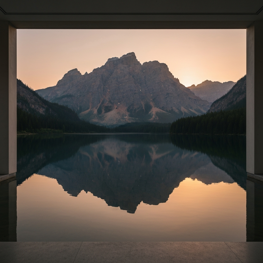A tranquil lake reflecting a towering mountain range at sunset. The water is calm, creating a mirror-like surface that perfectly duplicates the landscape. The sky is painted with warm hues of orange and pink.