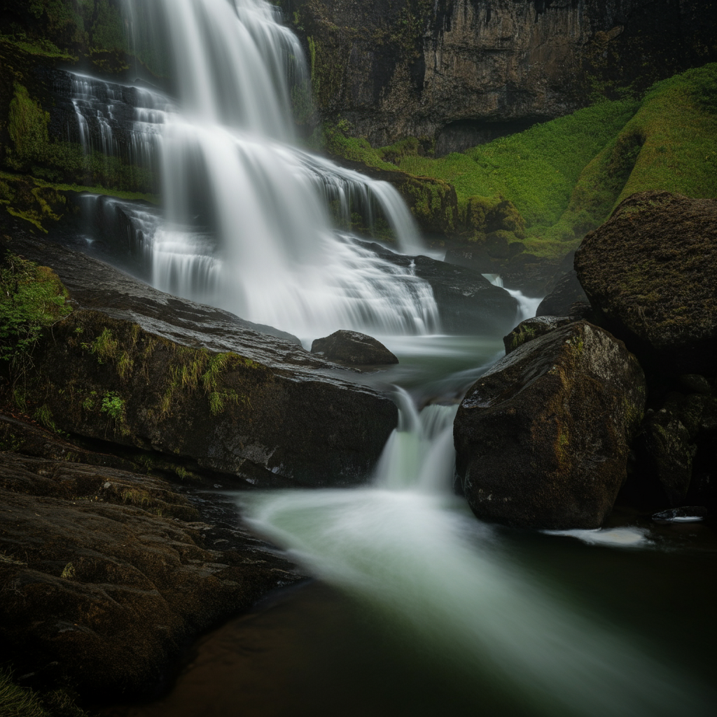 A waterfall cascading down a rocky cliff, captured with a long exposure. The water appears smooth and silky, creating a dreamy effect. The surrounding rocks are sharp and detailed, providing a contrast to the blurred water.