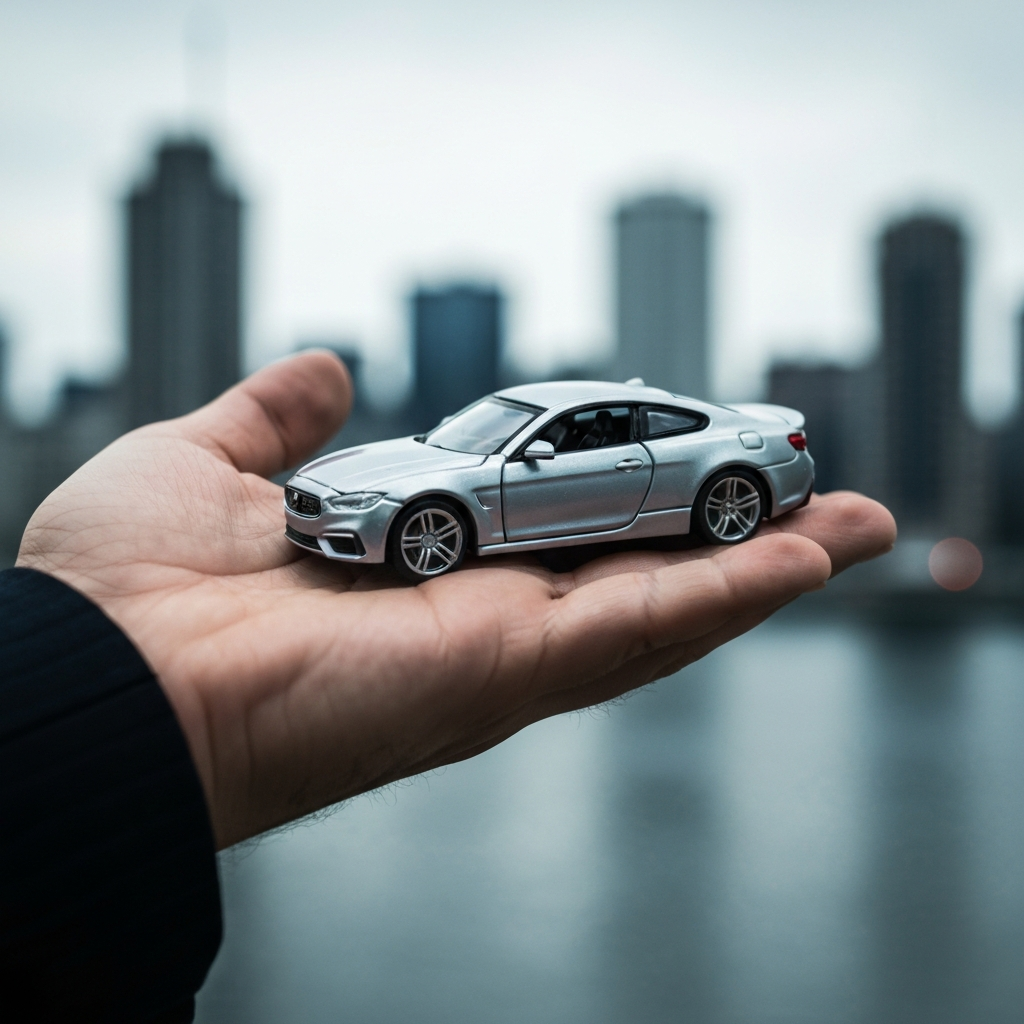 A miniature toy car placed on a hand, with a blurred city skyline in the background. The car appears to be gigantic, dwarfing the city. The lighting is soft and even, creating a sense of realism.