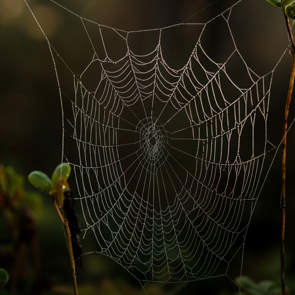 A close-up shot of a dew-covered spiderweb in a forest. The web is intricately woven and glistens with tiny droplets of water. The background is blurred, creating a shallow depth of field.