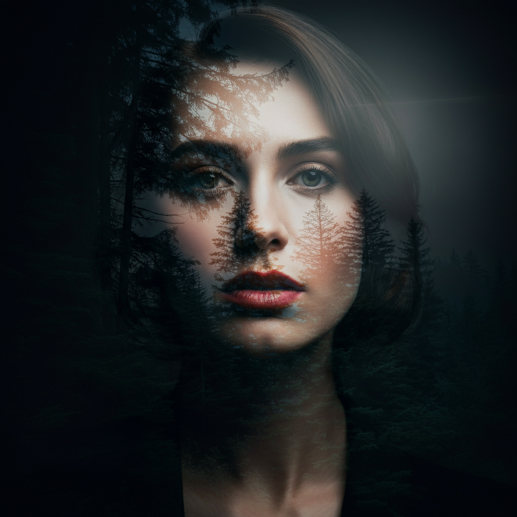 A portrait of a woman overlaid with a landscape of a forest. The woman's face is partially obscured by the trees and leaves, creating a mysterious and ethereal effect. The colors are muted and desaturated.