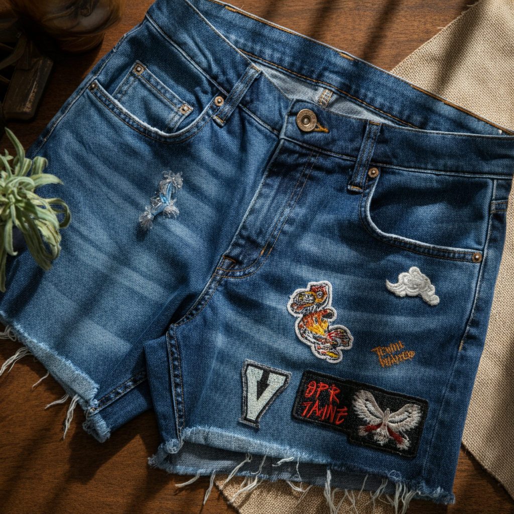 A pair of denim shorts laid flat on a table, partially decorated with patches and embroidered designs, bathed in natural light.