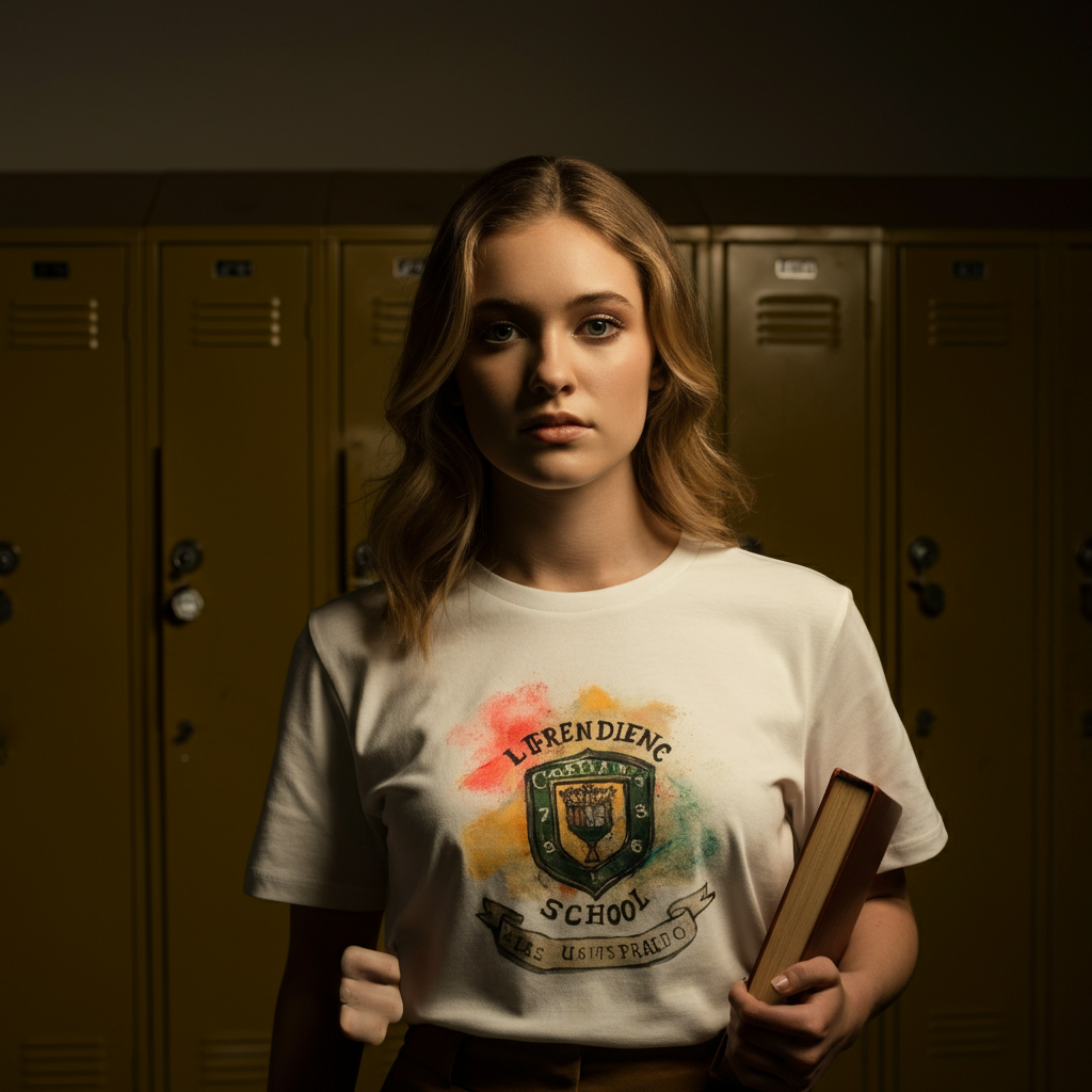 A young woman wearing a white t-shirt with a hand-painted school logo, soft bokeh background showing lockers, golden hour lighting.