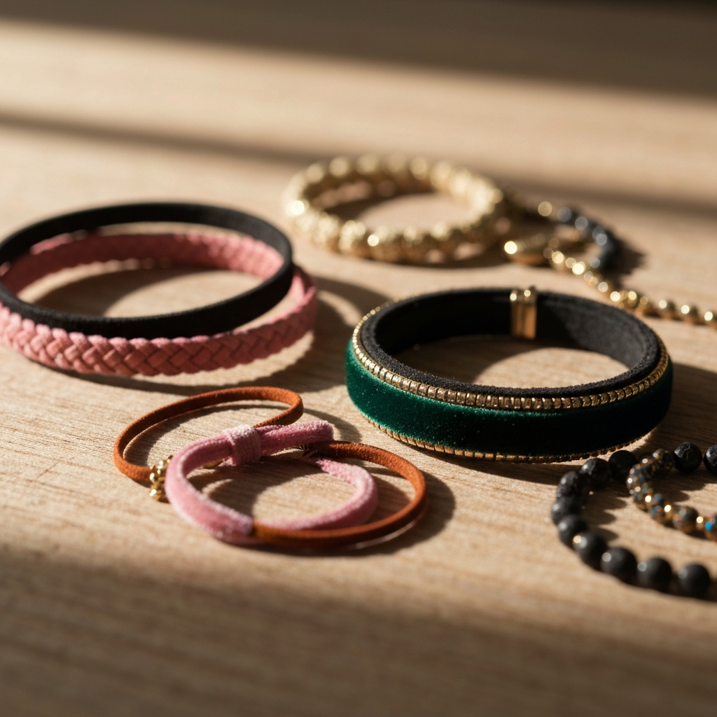 Close-up of a collection of colorful bracelets, necklaces, and hair ribbons laid out on a textured surface, soft, diffused lighting to highlight the details.