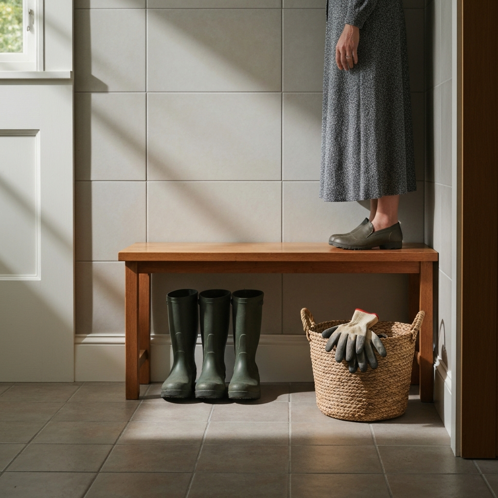 A well-lit mudroom with tile flooring. A wooden bench sits against the wall, holding gardening boots and a woven basket filled with gardening gloves. Soft natural light streams in from a nearby window, highlighting the textures of the tile and wood.