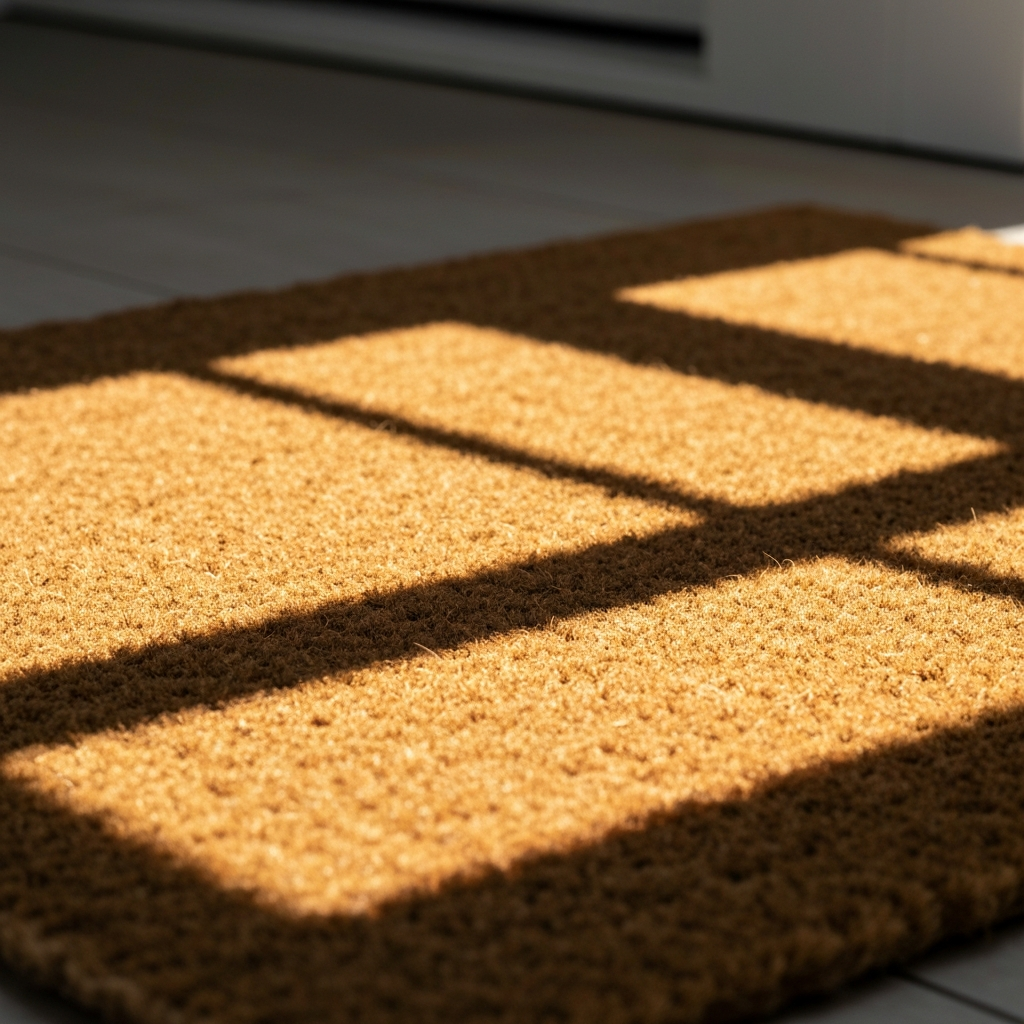 A close-up shot of a heavy-duty coir doormat, showcasing its coarse texture and dirt-trapping capabilities. Golden hour lighting creates long shadows, emphasizing the individual fibers.