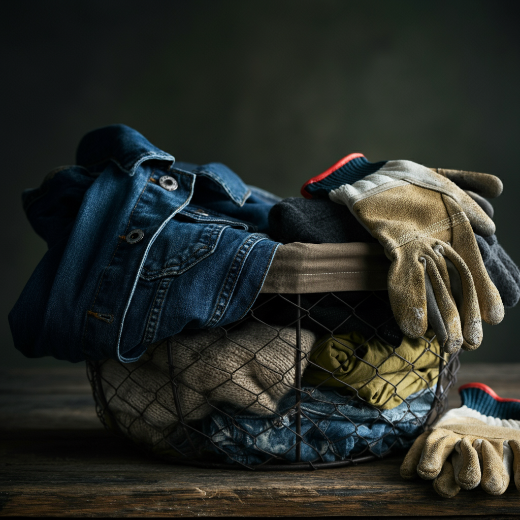 A rustic wire basket filled with gardening clothes, including a denim jacket, work gloves, and a pair of mud-splattered overalls. A soft, diffused light illuminates the clothing, highlighting the texture of the fabric and the dirt stains.