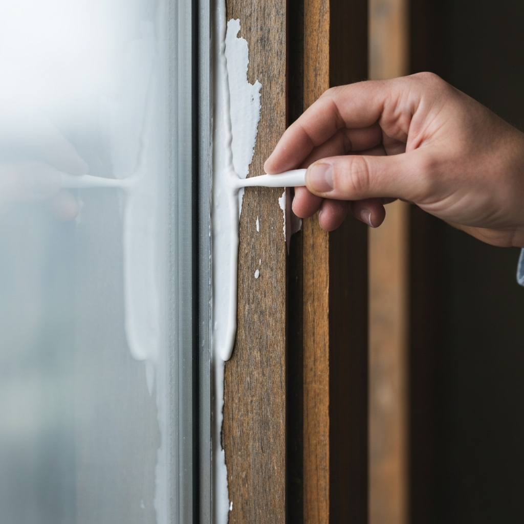 A close-up shot of a hand applying caulk to a crack in a window frame. The caulk is white and smooth, contrasting with the weathered wood of the frame. Soft side lighting highlights the texture of the wood.