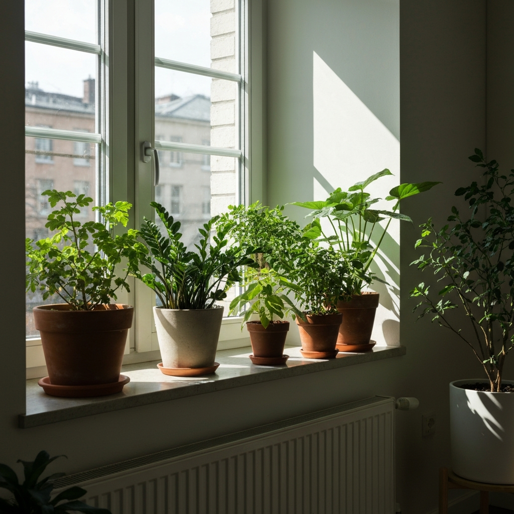 A collection of potted plants on a windowsill, bathed in natural sunlight. The plants are healthy and vibrant, with lush green foliage. The windowsill is clean and free of water stains.