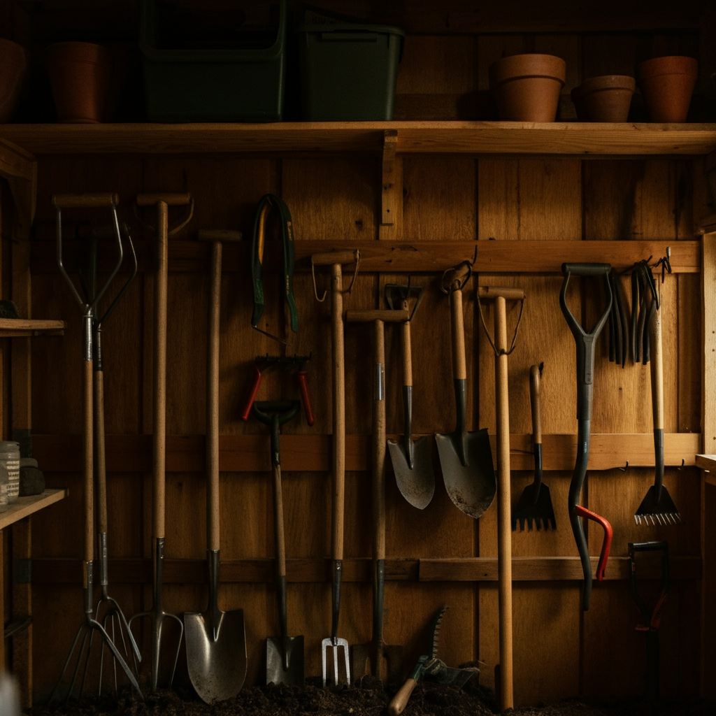An organized gardening shed with tools neatly arranged on shelves and hooks. A variety of tools are visible, including shovels, rakes, trowels, and pruning shears. The shed is well-lit and clean.