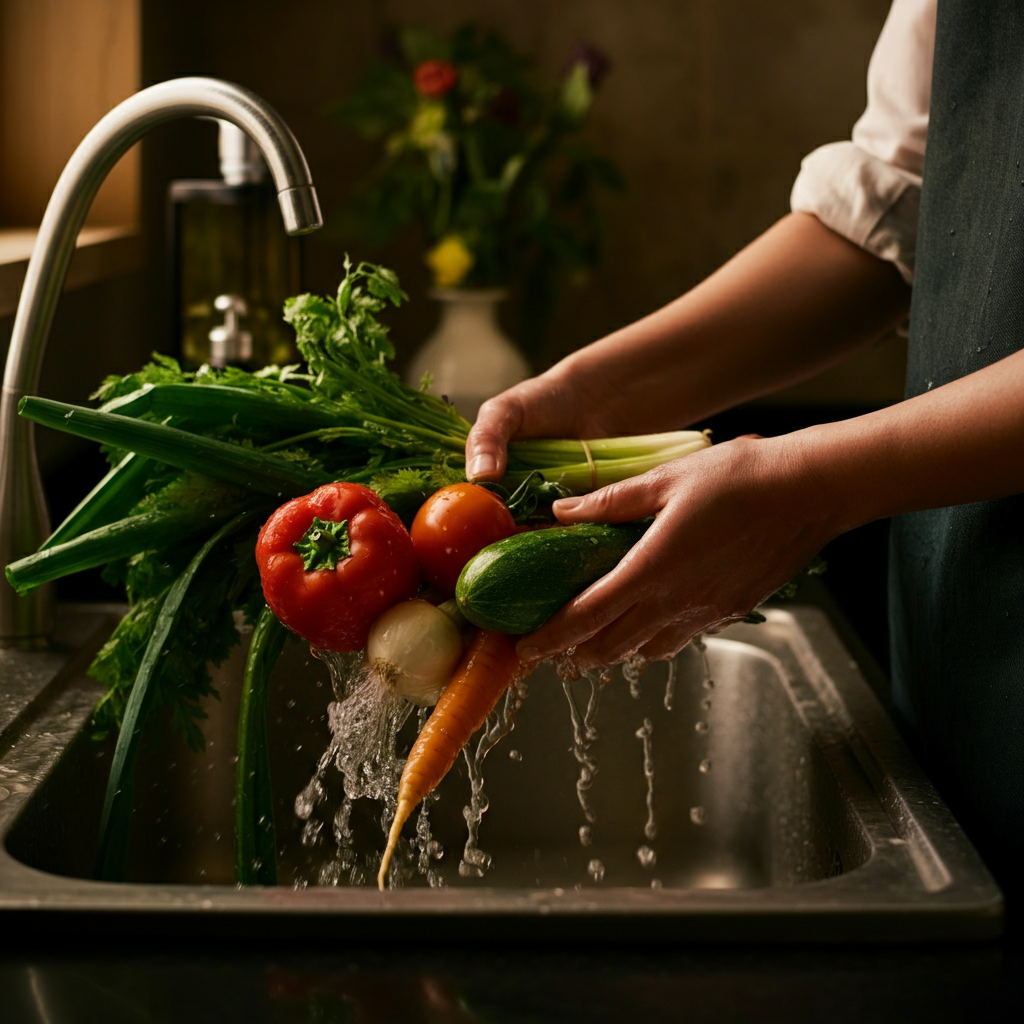 A close-up shot of hands washing freshly harvested vegetables in a sink. Water splashes over the colorful vegetables, highlighting their textures and vibrant colors. Natural light streams in from a nearby window.