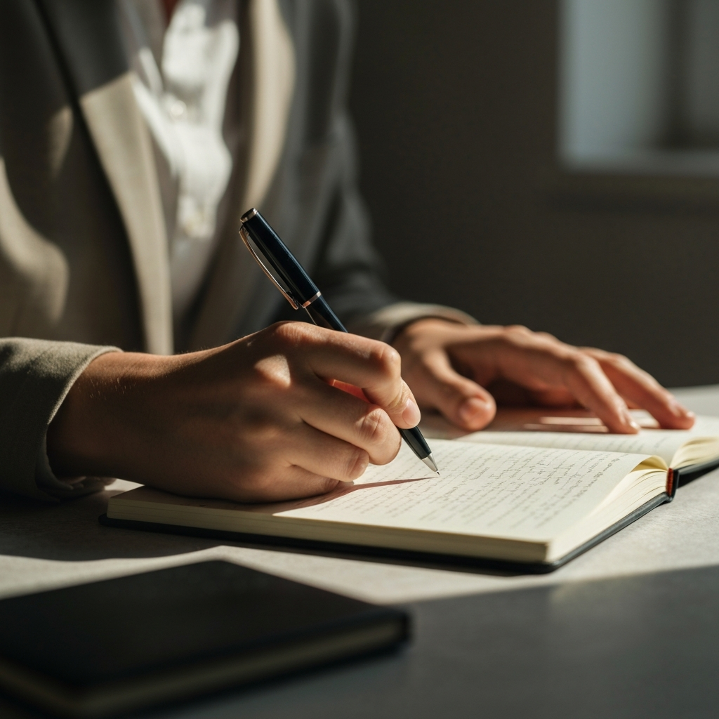 Close-up of a person writing in a journal with a pen, sunlight streaming through a window illuminating their hands and the textured paper. Soft bokeh on the surrounding room details.