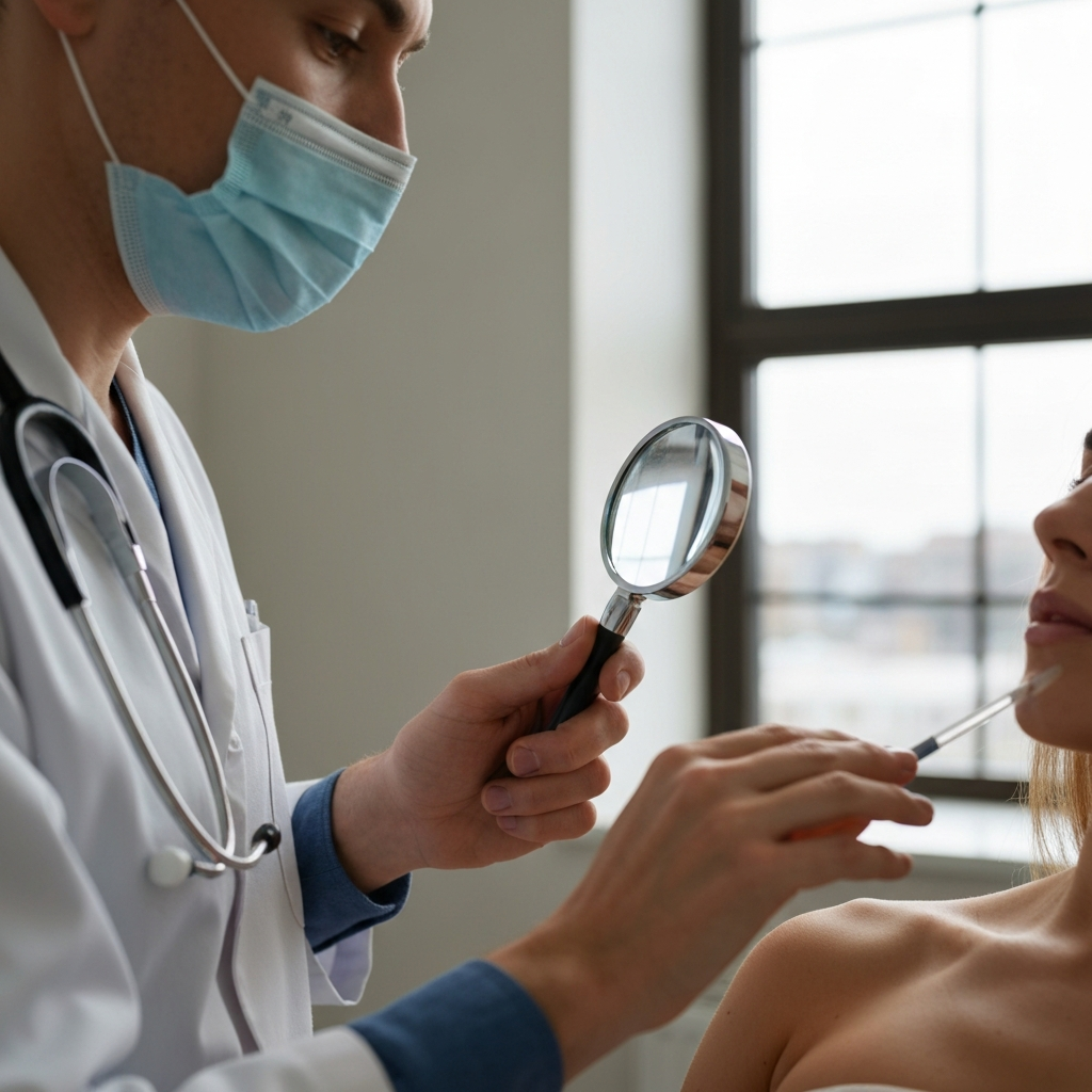 A dermatologist in a well-lit office examining a patient's skin with a magnifying glass. The focus is on the dermatologist's hand holding the magnifying glass and the patient's clear, healthy skin. Natural light from a nearby window.