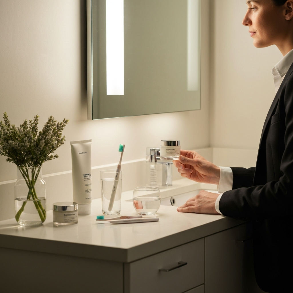 A well-organized bathroom counter with neatly arranged skincare products, a toothbrush, and a glass of water. The lighting is soft and warm, creating a sense of calm and serenity.