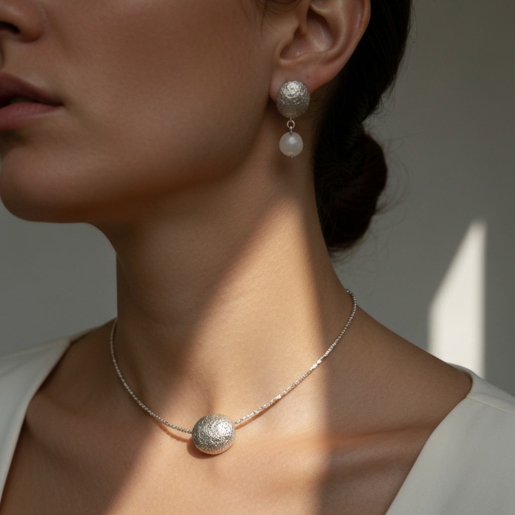 Close-up of a person wearing a unique piece of jewelry, such as a necklace or earrings, with soft lighting highlighting the details and textures of the jewelry.