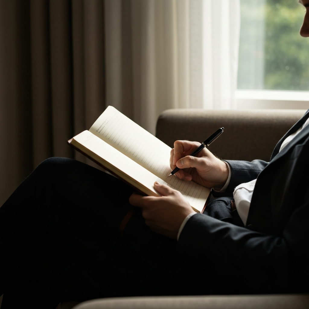 A person sitting in a comfortable armchair by a window, journaling in a leather-bound notebook. Soft, diffused light from the window illuminates the page and their hand holding a pen.