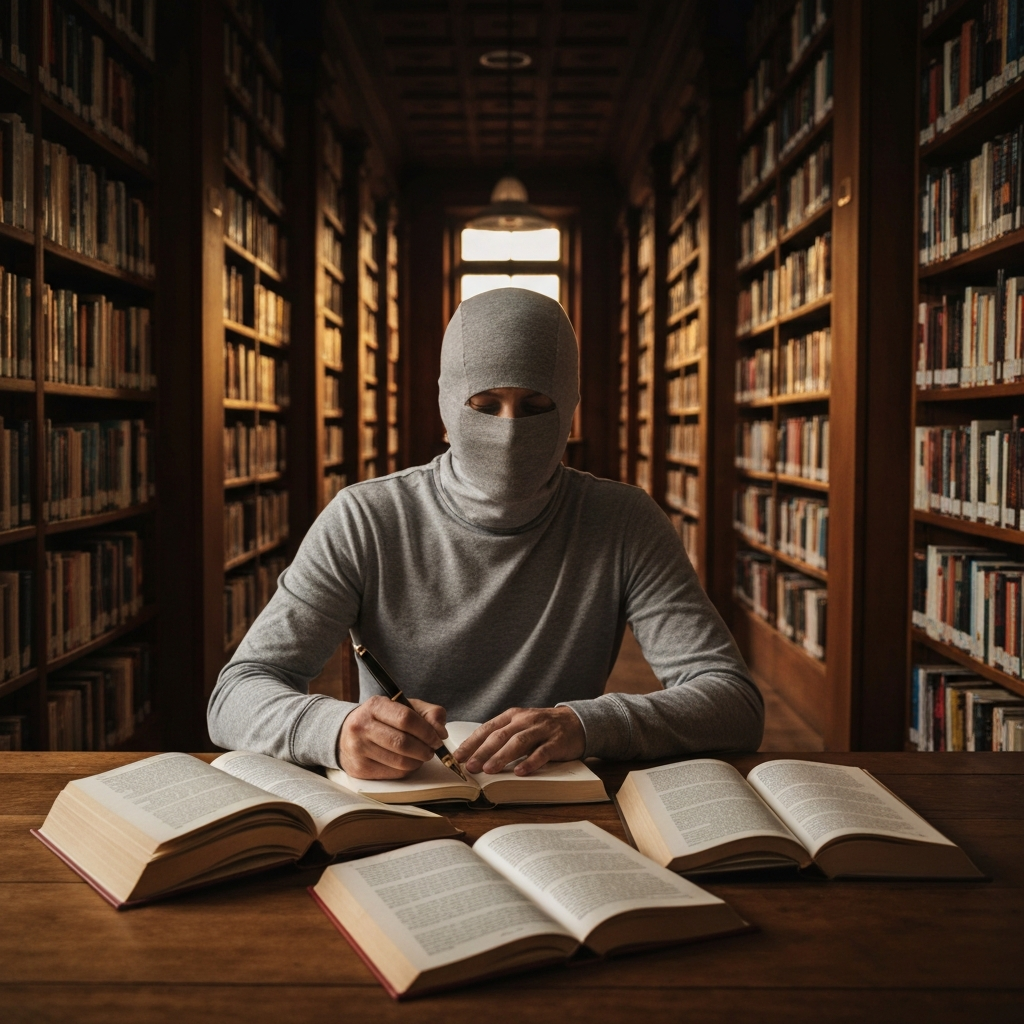 A well-lit library scene with bookshelves stretching into the distance. A person is sitting at a wooden table, surrounded by open books and taking notes with a fountain pen.