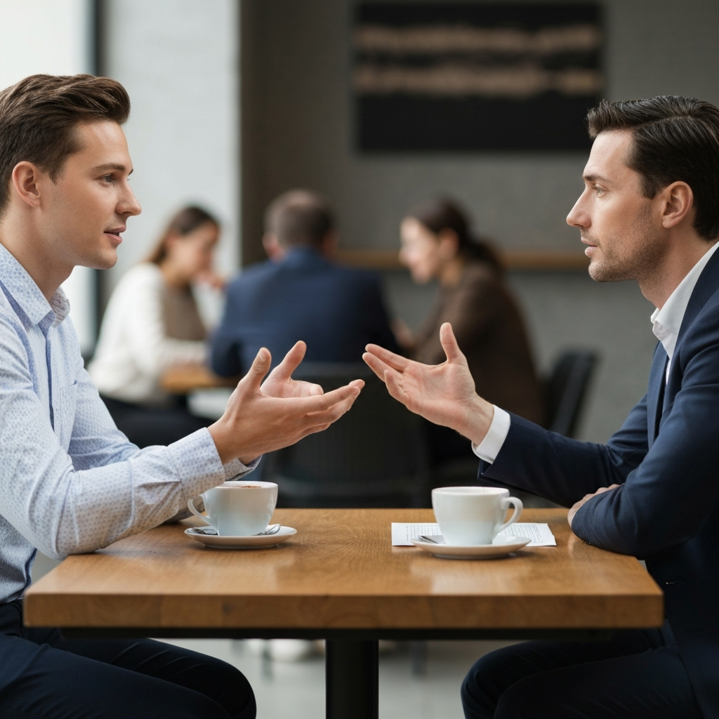 Two people sitting across from each other at a coffee table, engaged in a respectful discussion, gesturing with their hands. Soft bokeh background showing other patrons.
