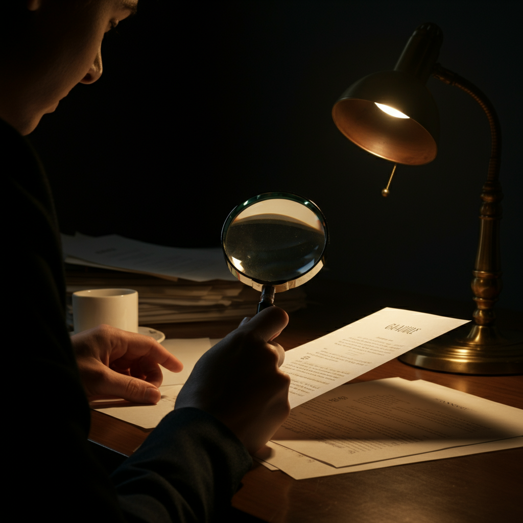 A person using a magnifying glass to examine a document on a desk. The desk is cluttered with papers, a lamp casting a warm light, and a half-full coffee cup.