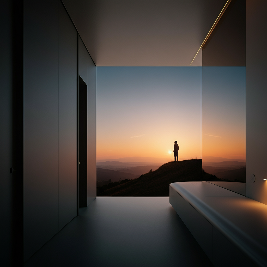 A person standing on a hilltop at sunrise, looking out over a vast landscape. The sky is filled with vibrant colors, and a gentle breeze is blowing.