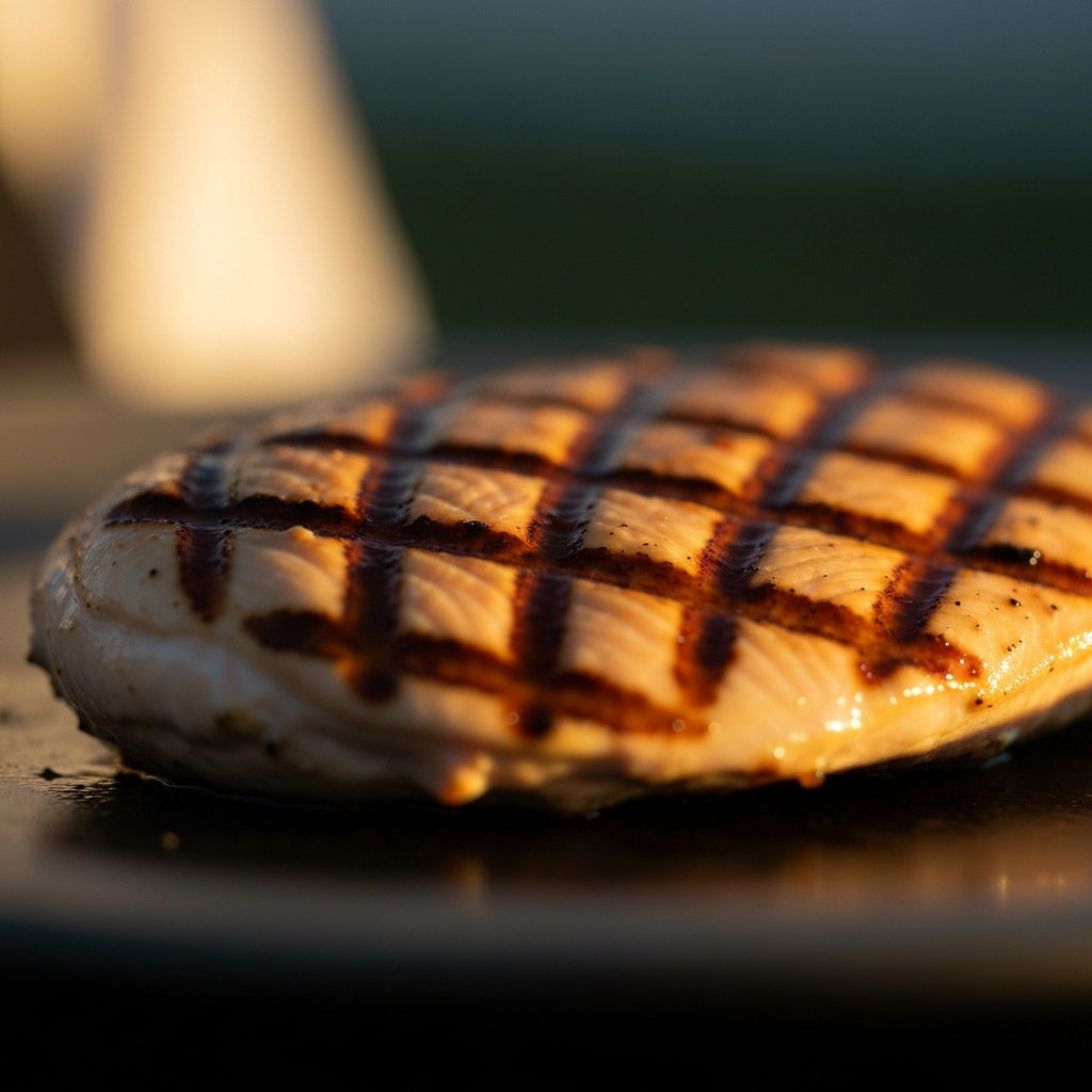 A close-up shot of a perfectly grilled chicken breast, side-lit with soft golden hour lighting, revealing subtle textures and grill marks. Focus is sharp, background blurred.