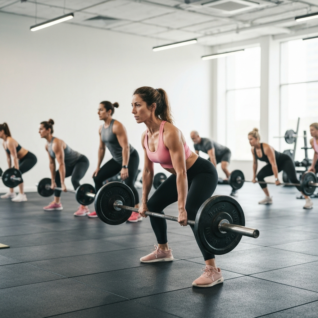 A gym setting with a diverse group of people of varying ages and fitness levels working out. Focus is on a woman performing a deadlift with proper form. The background is slightly blurred, showing other gym-goers engaged in their workouts. The lighting is bright and even.