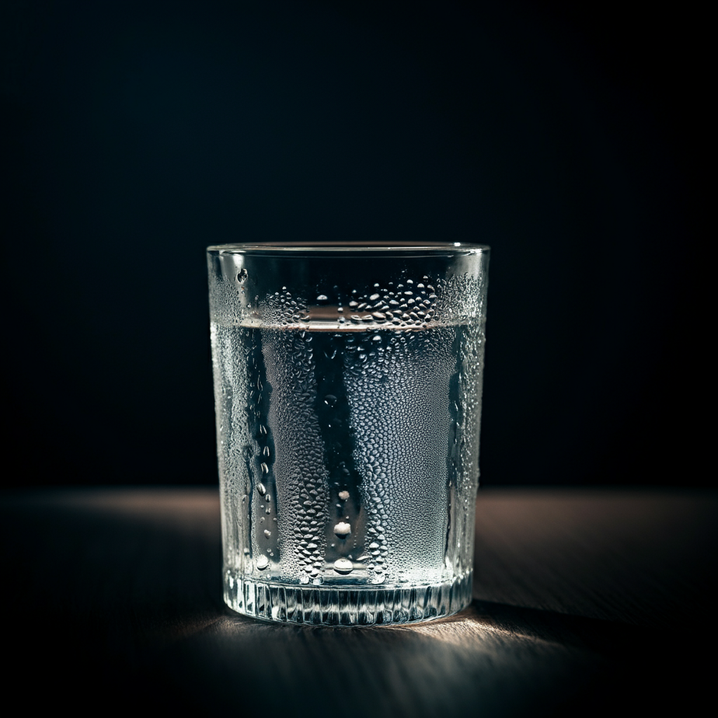 A close-up shot of a clear glass of water with condensation on the outside. The lighting is bright and refreshing.